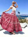 Women fashion printed beach maxi skirt holiday boho long skirt and white crop top outfit - XS / Bottoms / Rose Red