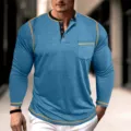 Men's long sleeve henley shirt casual slim fit contrast stitching stylish daily pullover top - S / Tops / Blue