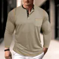 Men's long sleeve henley t-shirt casual slim fit contrast stitching button up top khaki - Khaki
