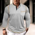 Men's long sleeve henley t-shirt casual contrast stitching button pocket pullover top style. - S / Tops / Gray