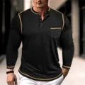 Men's Long Sleeve Henley Shirt Contrast Stitching Casual Pullover Top for Daily Wear - S / Tops / Black