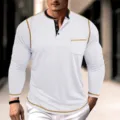 Men's Long Sleeve Henley T-Shirt Casual Contrast Stitching Four Button Plus Size Top - S / Tops / White