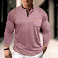 Men's Plus Size Long Sleeve Henley T-Shirt Casual Button Top with Pocket and Stitching - Dark Red