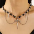 Gotische zwarte kristalen kraal meerlaagse ketting met zilveren ster en dager hangers voor vrouwen. - Wit K (5040)