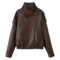 Brown PU leather jacket for women, stylish stand collar long sleeve outerwear with buttons. - S / Coffee