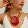 Overdreven geometrische grote edelsteen ketting oorbellen set dames mode sieraden chic - Rood
