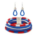 Chique rood wit blauw gevlochten multi-strand statement ketting en oorbellen set voor dames. - Blauw