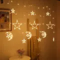 LED Star Moon Curtain String Lights Warm White Fairy Lights for Bedroom Window Party Decor - Plug-in 220V EU Version (8-Function) / Moon Embracing Star Curtain Light (Uneven) Warm White