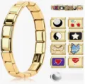 Gold stainless steel Italian charm bracelet DIY interchangeable link set with cute patterns. - Italian Charm Bracelet Set / Gold Bracelet with Pattern Charms and Tool / Gold