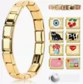Stainless steel Italian modular charm bracelet DIY set with various cute enamel links and tool. - Italian Charm Bracelet Set / Gold Bracelet with Pattern Charms and Tool / Gold