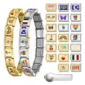 Stainless steel Italian charm bracelet DIY modular links set with colorful enamel charms and tool. - Italian Charm Bracelet Set / Two Bracelets with Charms and Tool / Gold + Steel Color