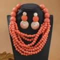 Böhmische mehrschichtige Holzkette Ohrringe Set ethnischer Damenschmuck Mode Stil - Orangerot