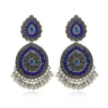Bohemian vintage silver teardrop rhinestone tassel earrings with blue stones for women. - Silver Blue
