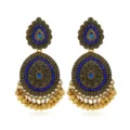 Etnische vintage goudkleurige gelege blauwe strass hangende oorbellen met kralen. - Goudblauw