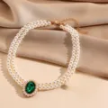 Elegant double layer faux pearl choker necklace with a vintage green gemstone pendant for women. - Necklace / Green