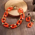 Neon oranje gouden grove ketting halsketting oorbellen set, stijlvolle mode sieraden. - Oranje