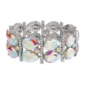Zilverkleurige stretch armband met iriserende druppelkristallen en sprankelende strass-steentjes. - Zilver AB Kleur