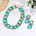 Chunky chain necklace and earrings set detail, bright turquoise and gold tone fashion jewelry. - Sky Blue