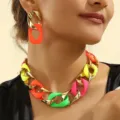 Neon chunky chain necklace and earrings set with colorful CCB twist links for women fashion. - Multicolor
