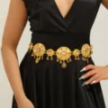Gold-tone crystal rhinestone waist chain belt for women, elegant ethnic tassel jewelry. - Style ST308