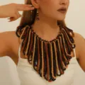 African bohemian style handmade wooden bead multi-strand necklace and matching earrings set. - Mixed Coffee