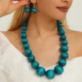 Set collana e orecchini di perle di legno boho, gioielli turchesi eleganti per donne. - Teal