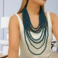 Meerlaagse donkergroene houten kralen lange ketting, elegante bohemien trui ketting. - Aqua