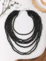 Bohemian multi-layer black wooden bead long necklace fashion statement sweater chain jewelry - Black