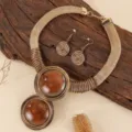 Fashion European American style geometric round resin gemstone aluminum wire woven necklace earrings set - Brown