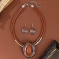 Vintage brown leather cord necklace earrings set with woven metal wire and teardrop resin stone. - Tan