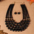 Elegante multi-layer zwarte parel kralen ketting en oorbellen set voor dames sieraden. - Zwart