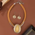 Cross-border fashion jewelry set with leather cord teardrop pendant necklace and earrings. - Orange