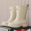 Solid color mid-tube waterproof rain boots for women, slip-on casual rubber shoes for outdoor. - 36 / White