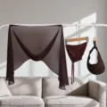 Detailed view of the dark brown chiffon shawl, ribbon cap and empty-top visor set. - Coffee