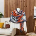 Cotton linen scarf orange blue floral vintage shawl elegant lightweight sun protection neckerchief - LM452 - Blue