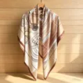 Elegant brown printed silk square scarf for women, chic vintage design summer beach shawl. - 130FJ34-Khaki