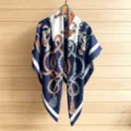 Elegant blue and white silk scarf with classic horse harness print, luxury style shawl. - 130FJ50-Royal Blue