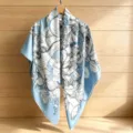 Blue botanical print silk scarf, elegant square headscarf for summer beach travel sun protection. - 130FJ43-Lake Blue