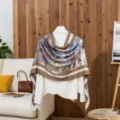 Summer cotton linen scarf, brown blue floral print shawl, thin sun protection wrap. - LM460-Purple-Brown