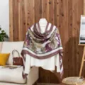Floral pattern cotton linen scarf, elegant purple and brown summer sun protection shawl wrap. - LM465-Purple