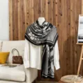 Grey floral cotton linen scarf, soft summer thin shawl, elegant travel sun protection wrap. - LM466-Black & Grey