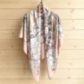 Women's pink botanical printed silk square scarf, stylish summer sun protection shawl. - 130FJ43-Khaki