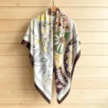 Elegant women's square silk scarf large fashion floral print shawl for summer sun protection. - 130FJ45-Coffee