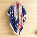 Blue geometric printed large silk scarf, elegant square shawl for summer beach travel. - 130FJ45-Blue