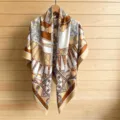 Women baroque chain print silk square scarf summer beach travel sunscreen shawl wrap - 130FJ52-Khaki
