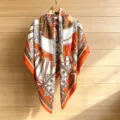 Elegant orange and white chain print square silk scarf for women fashion summer beach wear. - 130FJ52-Orange