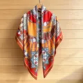 Korean design printed silk scarf, large square shawl, elegant jewelry pattern summer beach wrap. - 130FJ52-Orange & Coffee