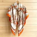 Orange white chain print silk square scarf, summer thin fashion shawl wrap for women. - 130FJ49 - Orange