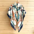 Elegant women's large square silk scarf with vintage chain and jewel print, stylish shawl. - 130FJ49 - Blue