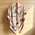 Elegant women's square silk scarf with vintage chain and belt print design for fashion styling. - 130FJ55-Brown Red
